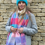 Pink and blue mix recycled blend check scarf