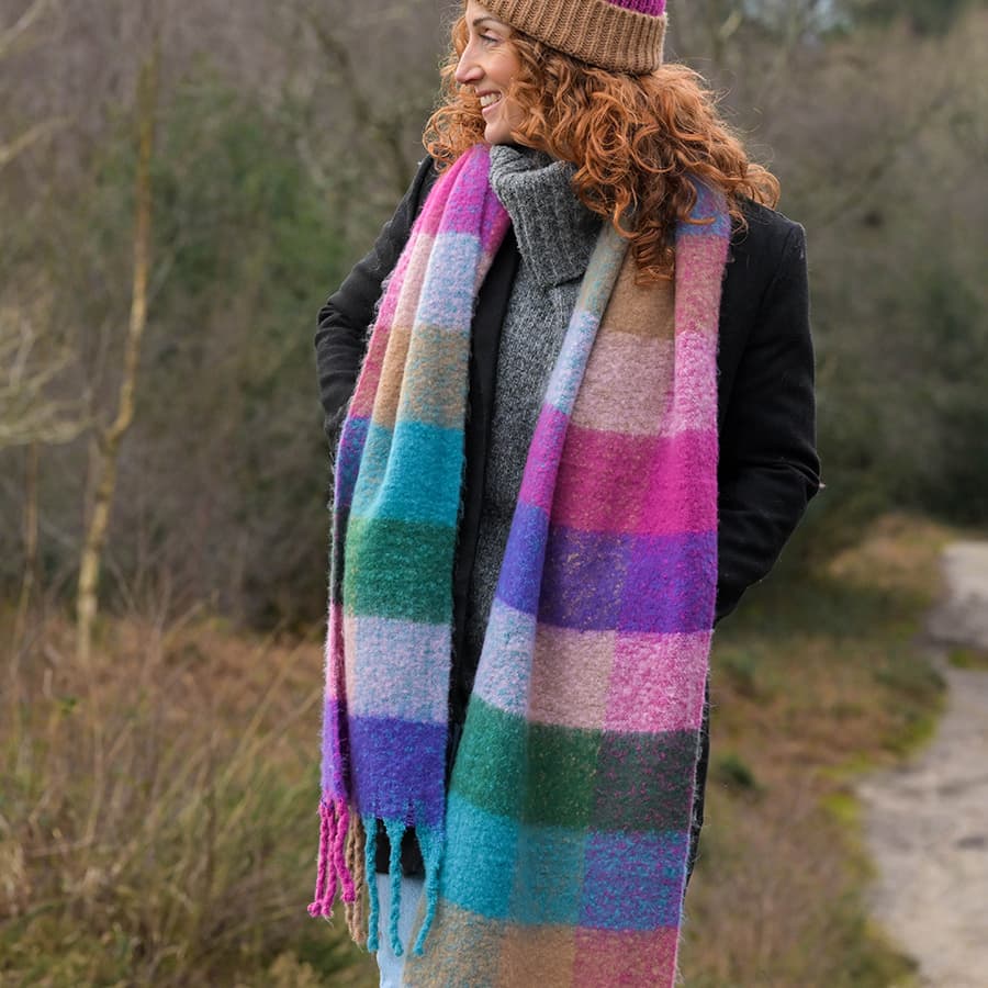 Rust and pink mix recycled blend check scarf