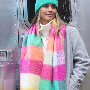 Yellow and pink mix recycled blend check scarf