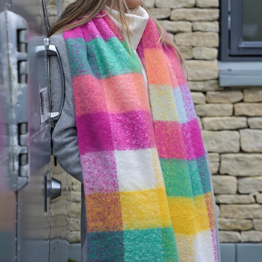 Yellow and pink mix recycled blend check scarf
