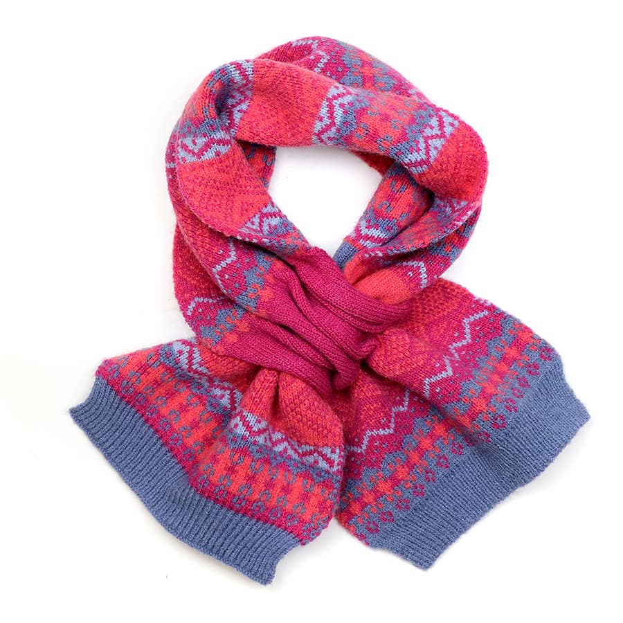 Denim blue and pink fair isle pull through scarf