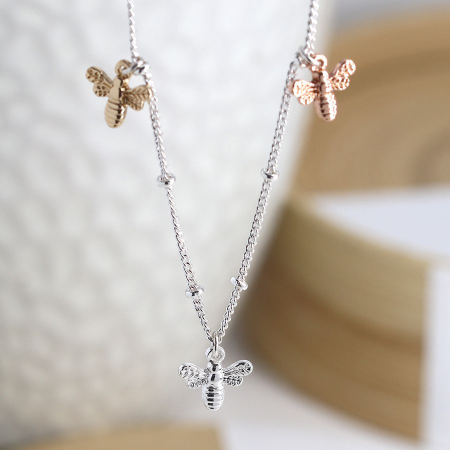 Silver plated necklace with triple mixed finish bee charms 3445
