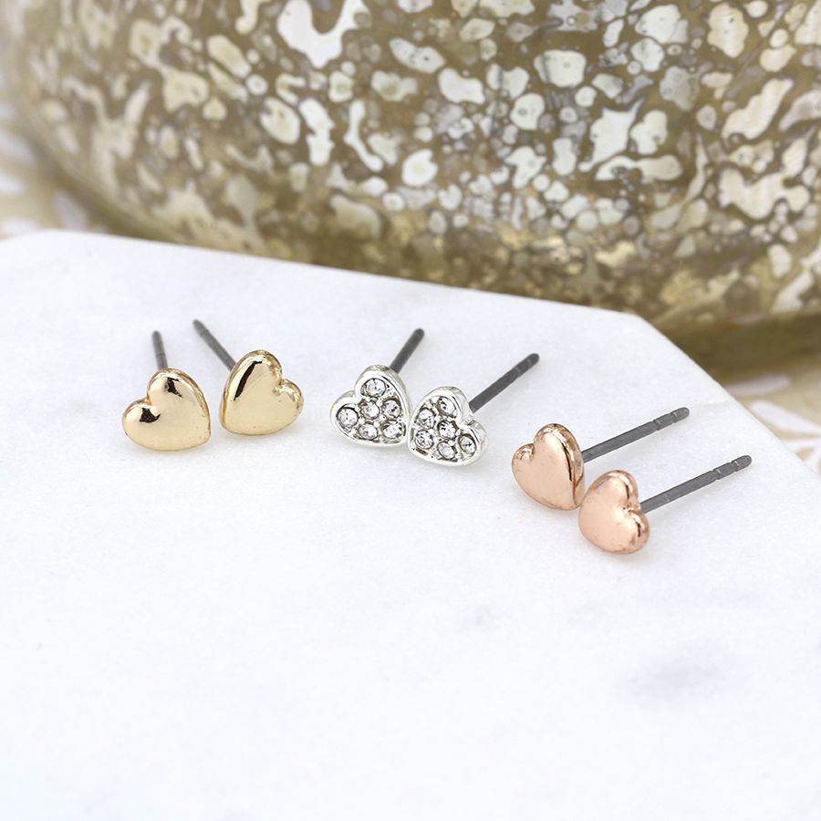Triple heart rose gold, silver and crystal earring set 3226