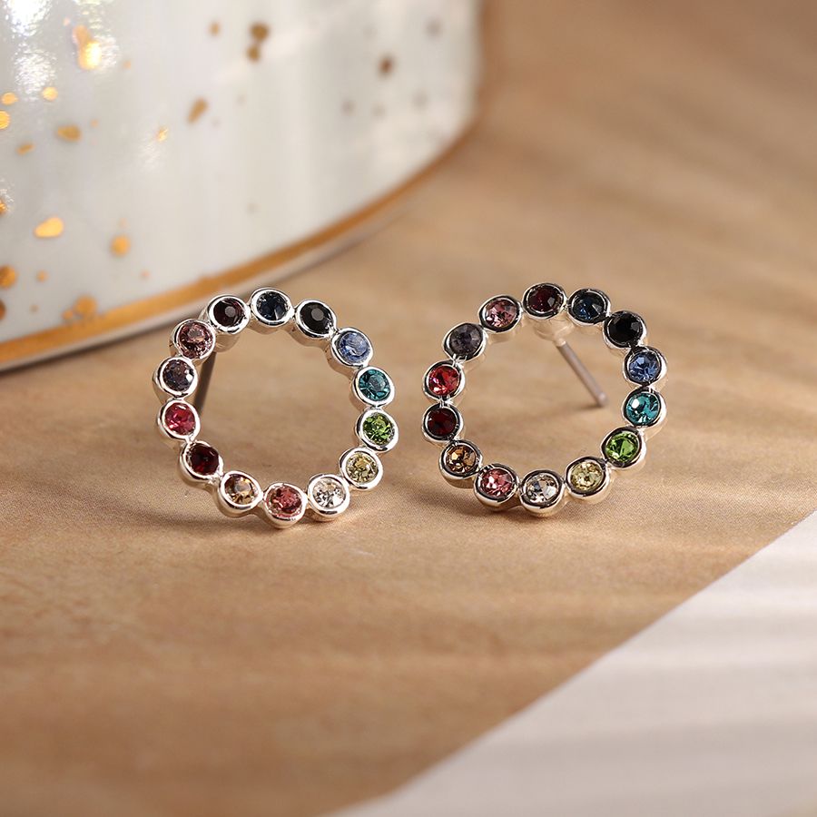 Silver plated rainbow crystal circle stud earrings 3744