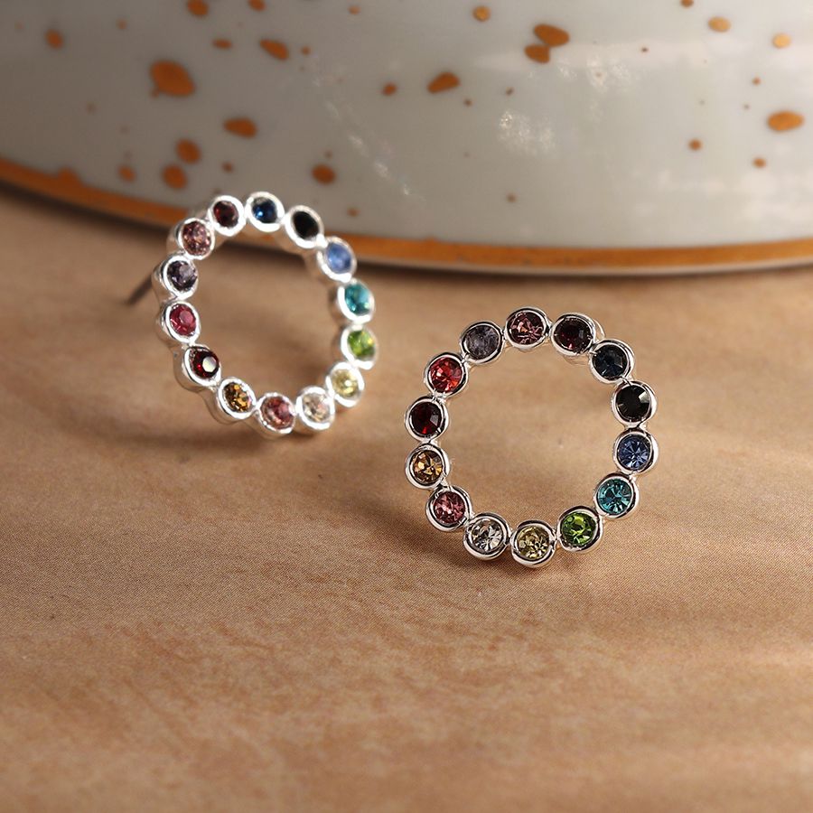 Silver plated rainbow crystal circle stud earrings 3744