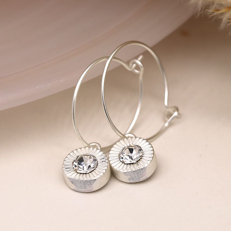 Silver plated wire hoop and embossed crystal drop earrings 3947