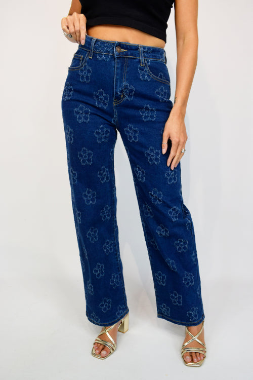 Stitch Flower Print Wide Leg Indigo Jeans