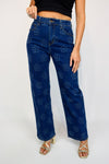 Stitch Flower Print Wide Leg Indigo Jeans
