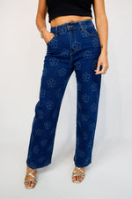 Stitch Flower Print Wide Leg Indigo Jeans