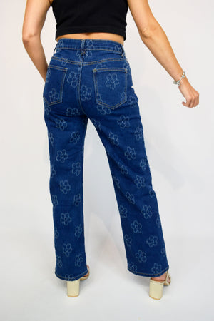 Stitch Flower Print Wide Leg Indigo Jeans
