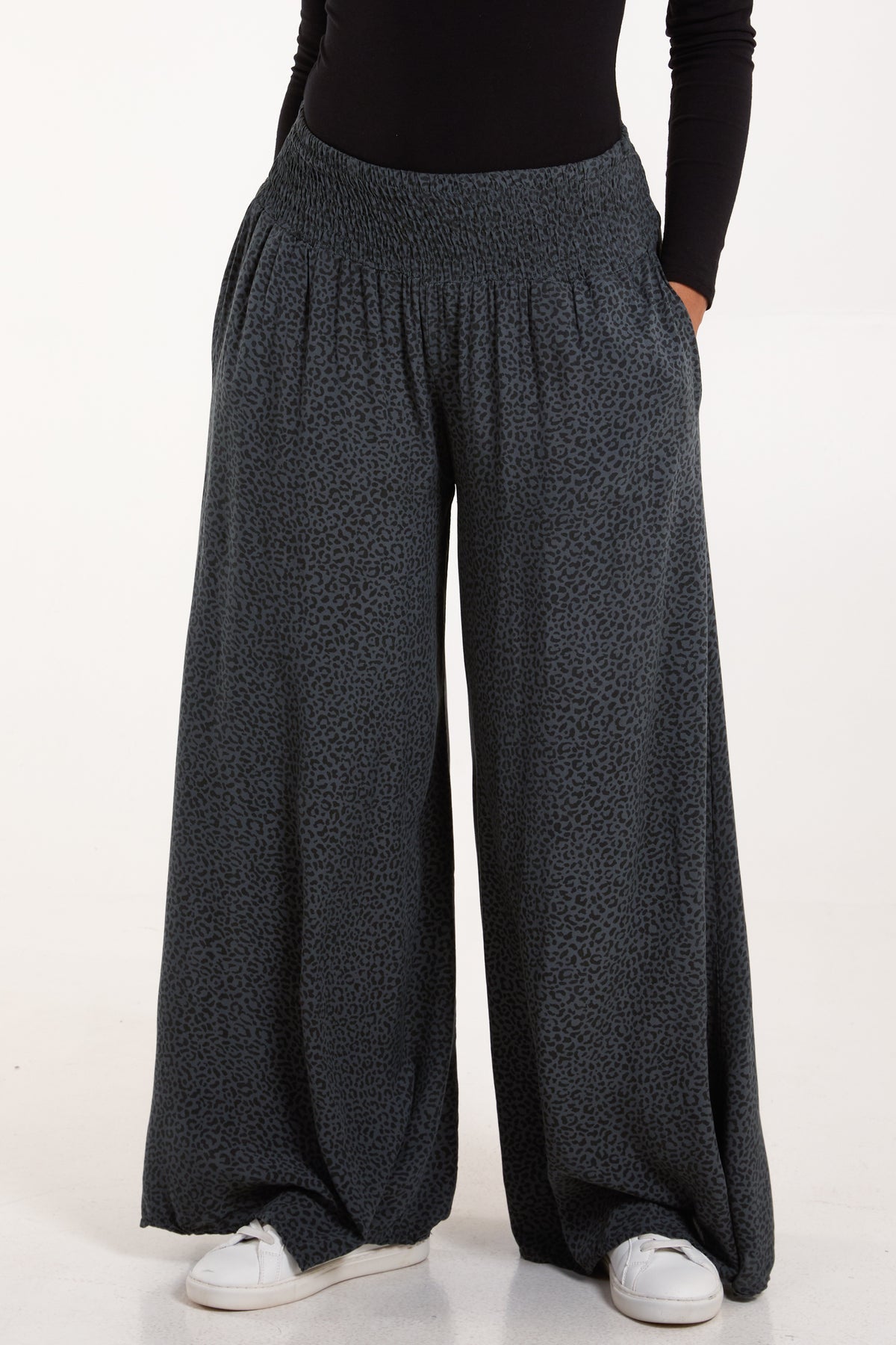 ELASTICATED WAIST LEOPARD WIDE LEG TROUSER