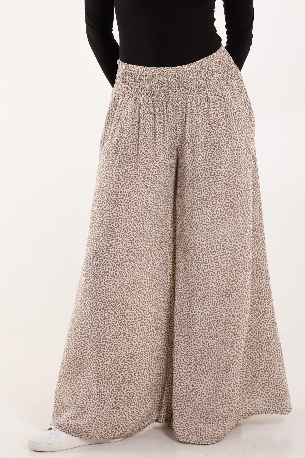 ELASTICATED WAIST LEOPARD WIDE LEG TROUSER