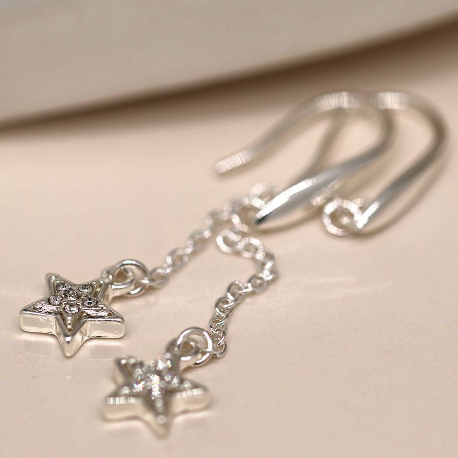 Silver plated fine chain and sparkle star drop earrings 3872