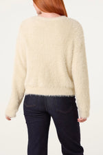 Fluffy Multicolour Button Cardigan – Cream