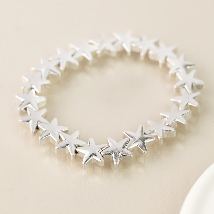 Silver plated worn stars stretch bracelet