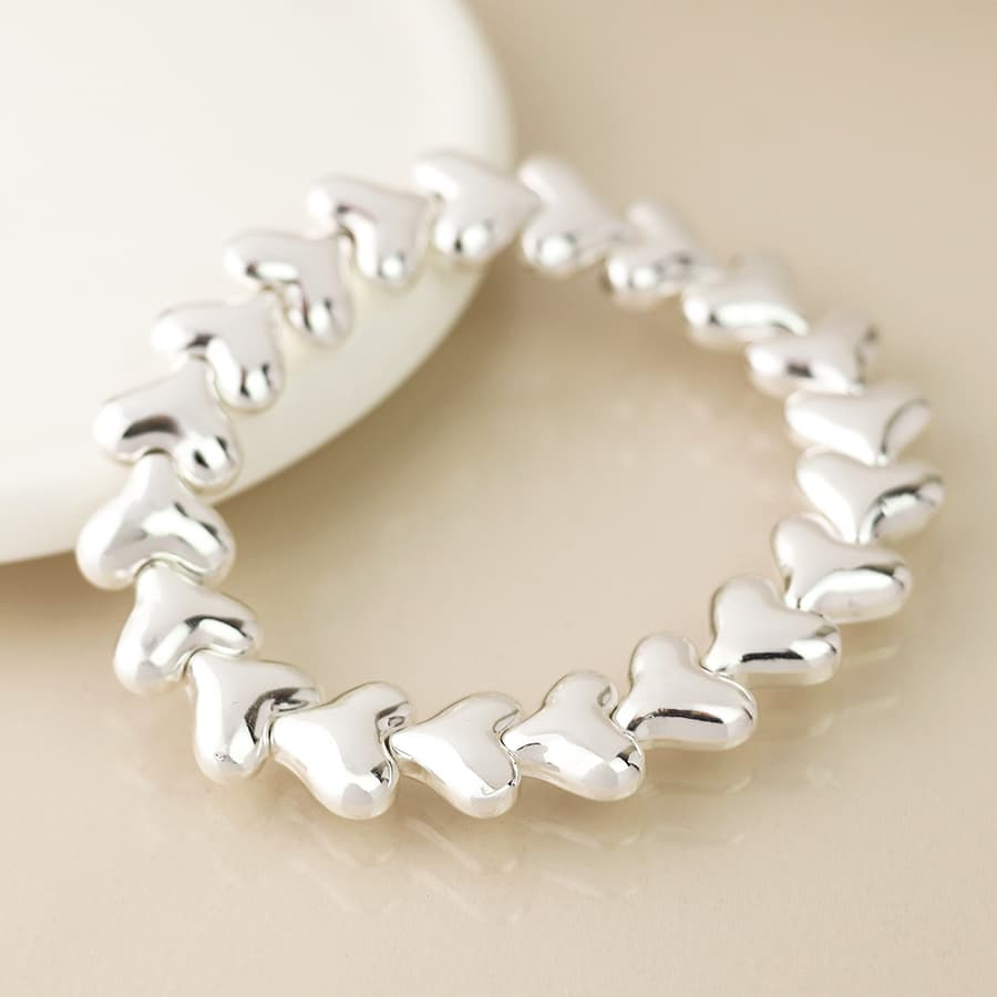 Silver plated polished hearts stretch bracelet