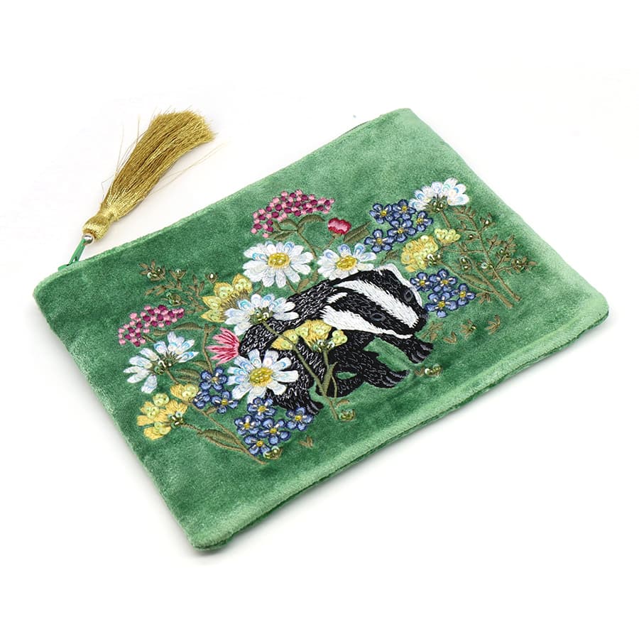Green floral and badger embroidered velvet zip purse