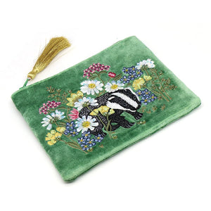 Green floral and badger embroidered velvet zip purse