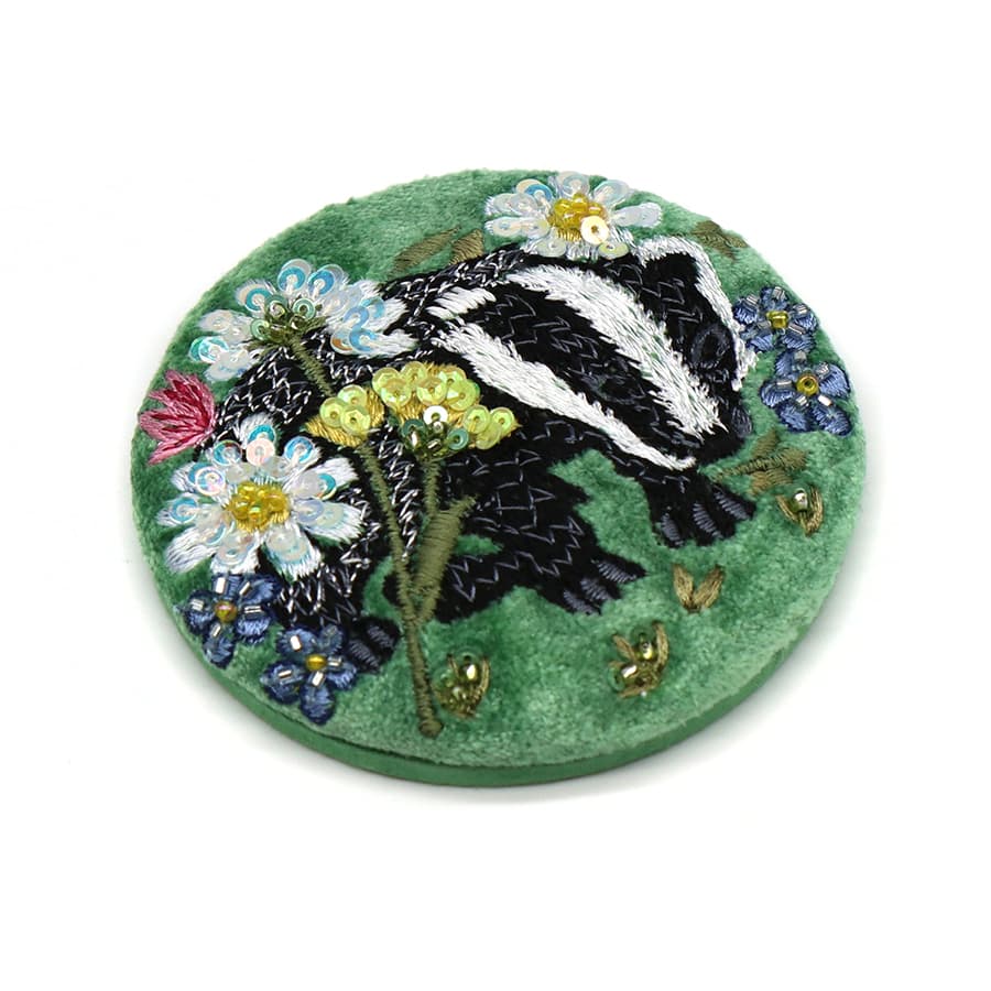Green floral and badger embroidered velvet compact mirror