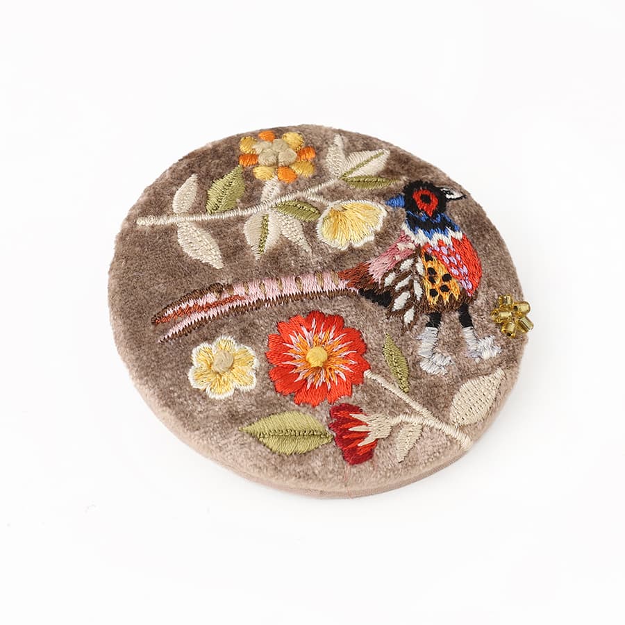 Fawn embroidered pheasant velvet compact mirror