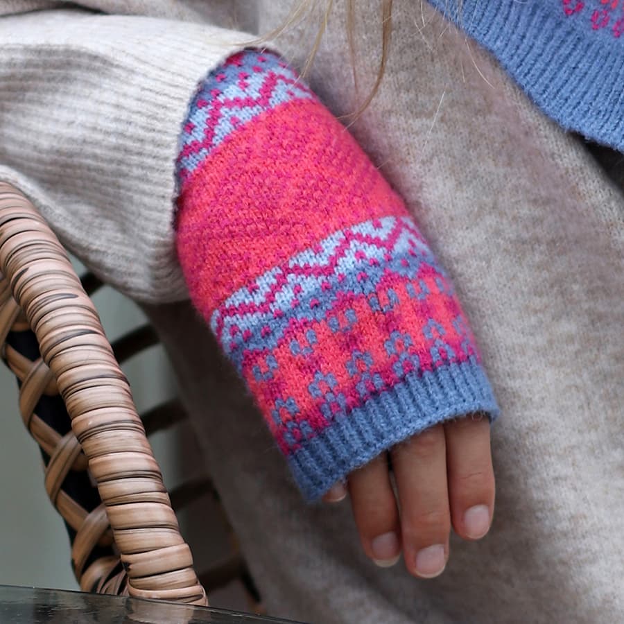 Pink and blue mix fair isle wrist warmers