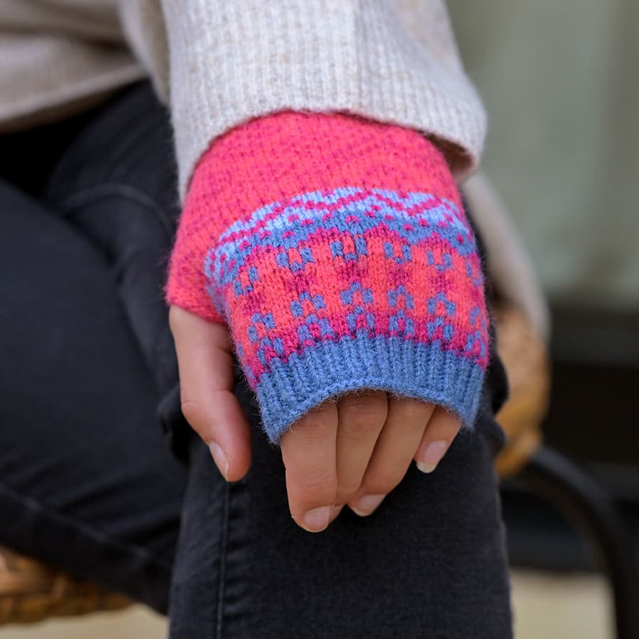 Pink and blue mix fair isle wrist warmers