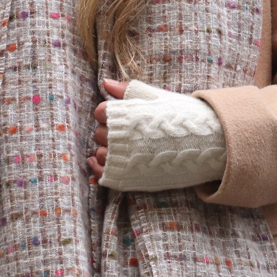 Cream cable knit recycled wrist warmers