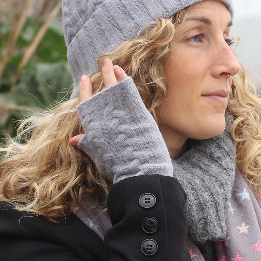 Grey cable knit recycled wrist warmers