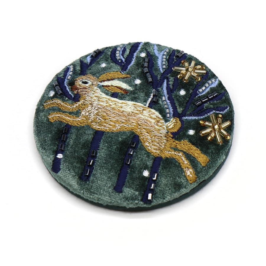Midnight green leaping hare embroidered velvet compact mirror