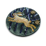 Midnight green leaping hare embroidered velvet compact mirror