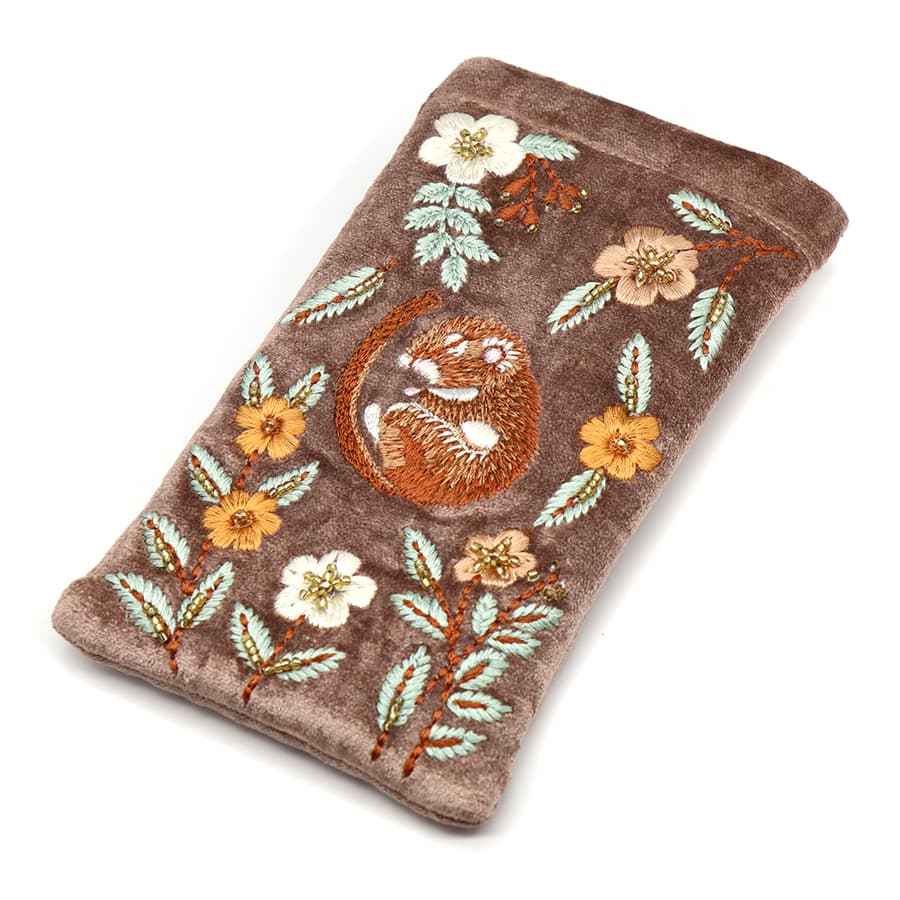Buff sleeping dormouse embroidered velvet glasses case