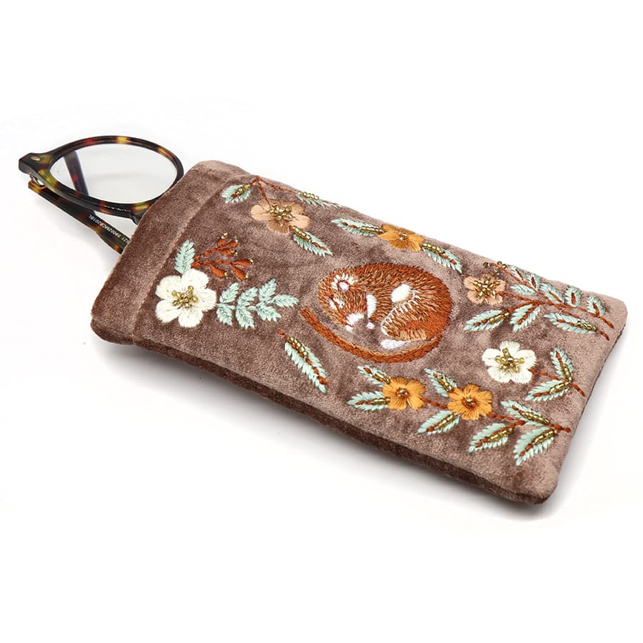 Buff sleeping dormouse embroidered velvet glasses case