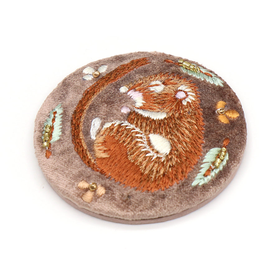 Buff sleeping dormouse embroidered velvet compact mirror