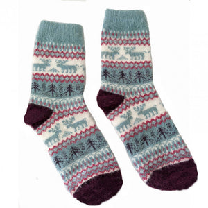 Blue and Cream Reindeer Wool Blend Socks size 4-7