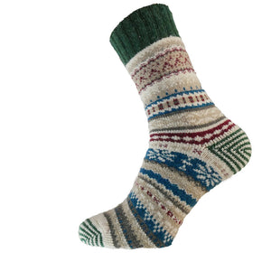 CREAM, BLUE AND GREEN NORDIC PATTERNED WOOL BLEND SOCKS