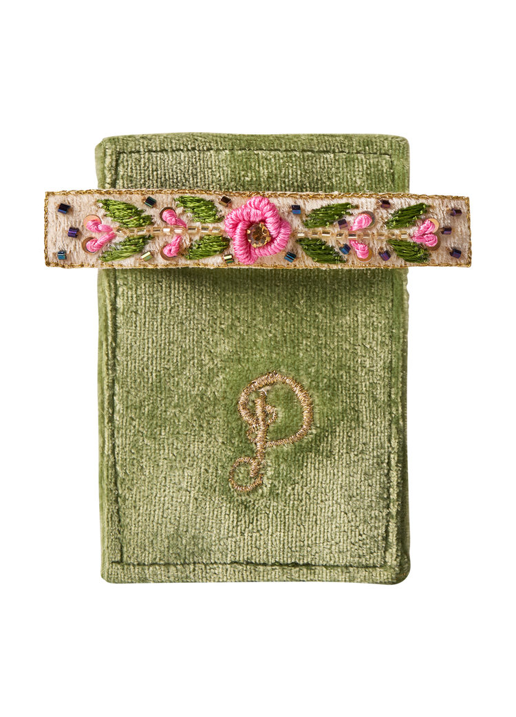 EMBROIDERED BARETTE - MINT FLORAL VINE