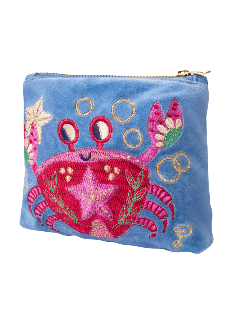 VELVET MINI POUCH - SEAFARING CRAB - CORNFLOWER