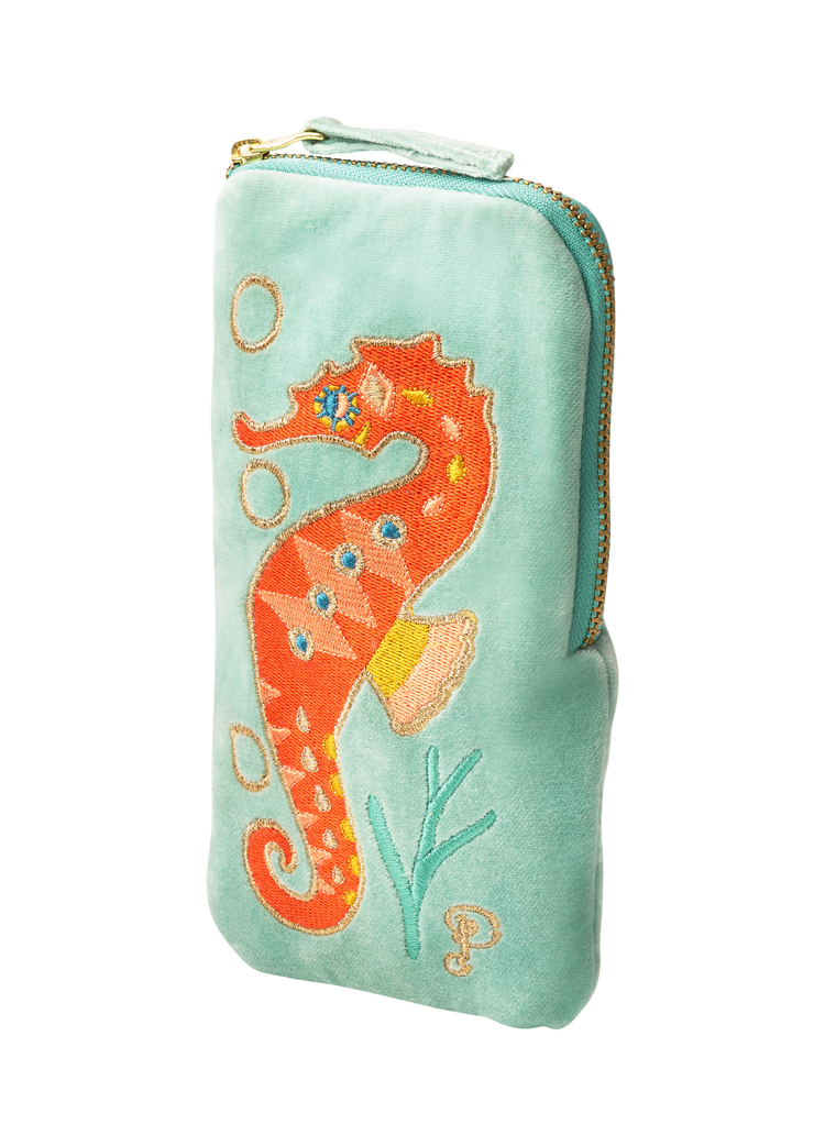 VELVET SUNGLASSES POUCH - SPARKLING SEAHORSE - AQUA