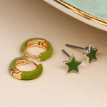 Golden and green enamel hoop and star earring duo 3856