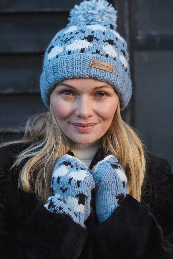 Sheep (Merino) Roll Back Bobble Beanie Blue