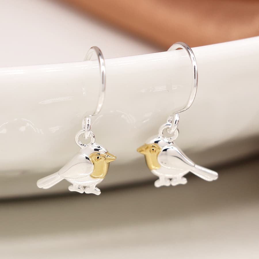 Sterling silver and gold robin drop earrings