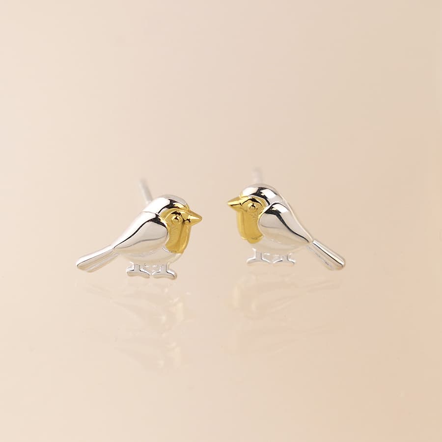 Sterling silver and gold robin stud earrings