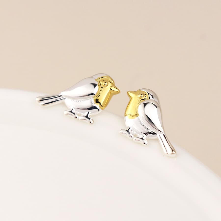 Sterling silver and gold robin stud earrings