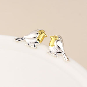 Sterling silver and gold robin stud earrings