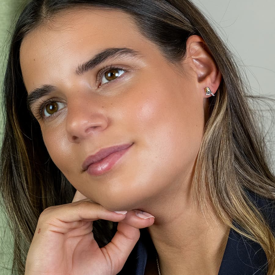 Sterling silver and gold robin stud earrings