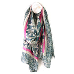 Recycled silky floral and pink border scarf