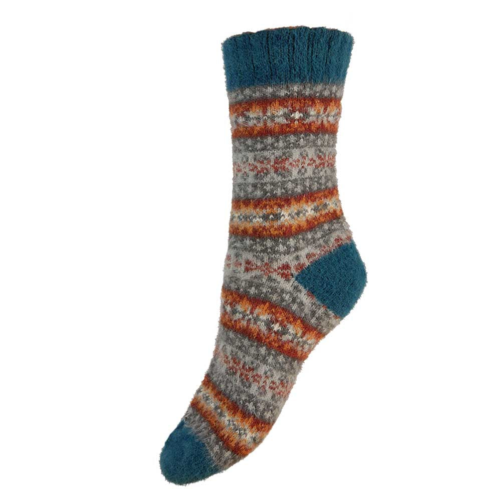TEAL, GREY AND RUST SCANDI PATTERNED SOFT WOOL BLEND SOCKS