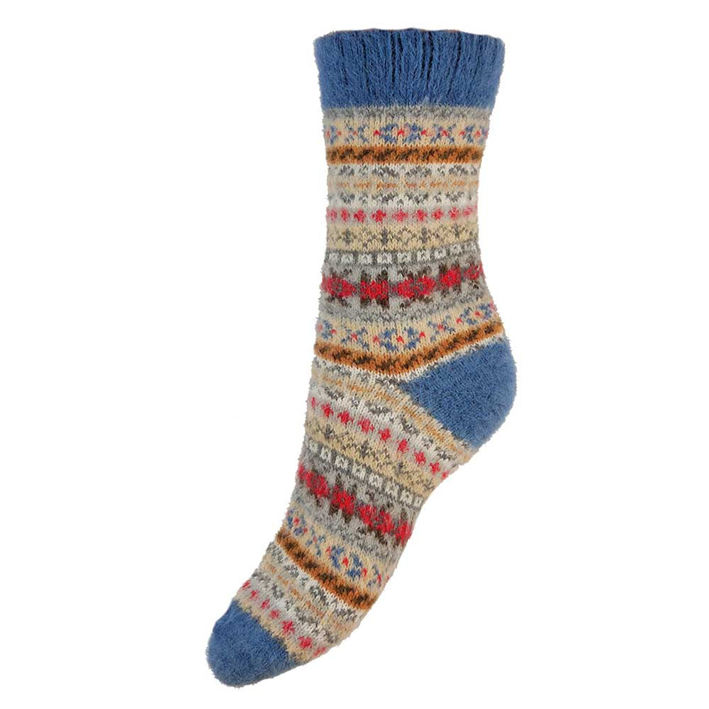BLUE, FAWN AND RED SCANDI PATTERNED SOFT WOOL BLEND SOCKS