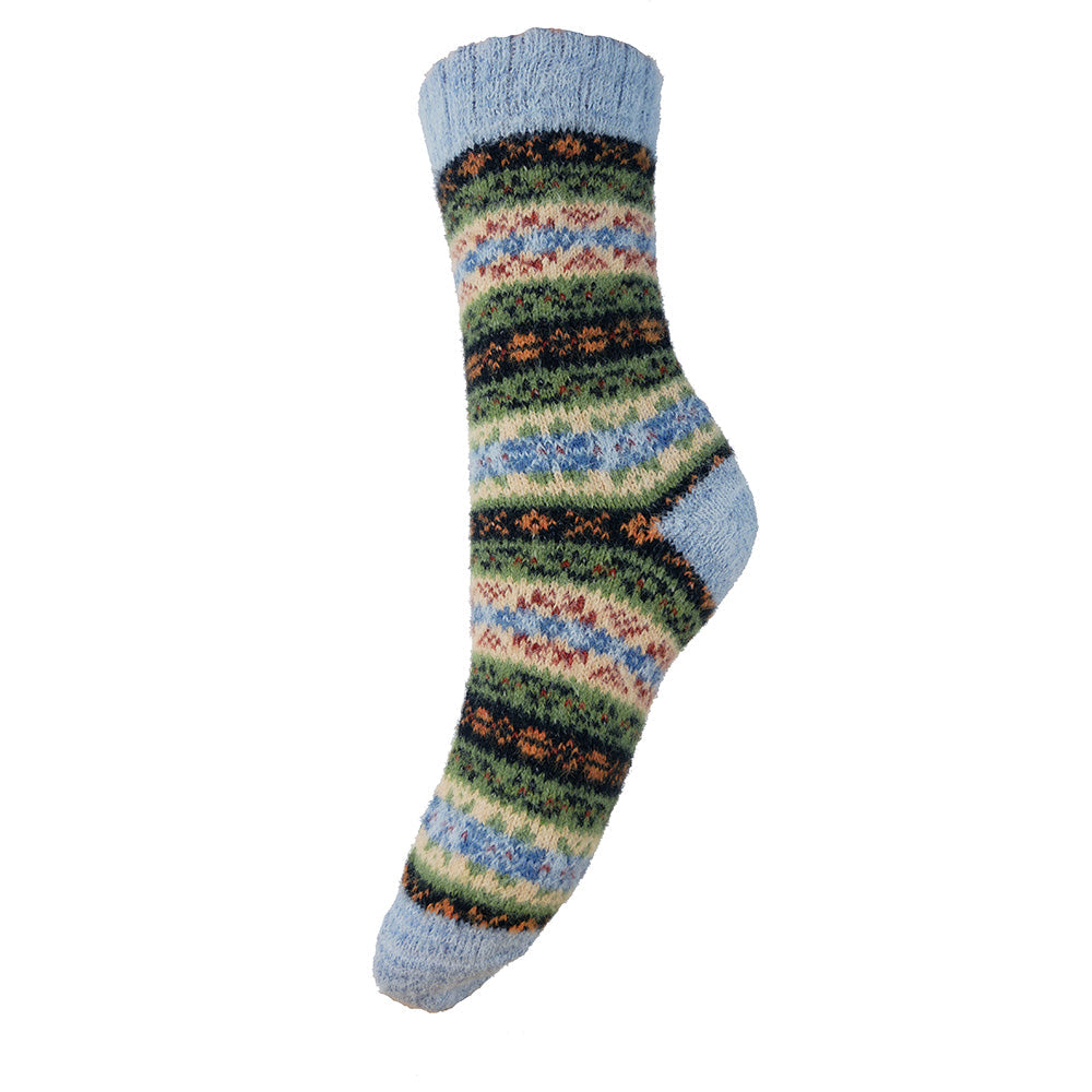 TEAL, FAWN AND YELLOW SCANDI PATTERNED SOFT WOOL BLEND SOCKS