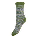 GREEN, BLUE AND GREY SCANDI PATTERNED SOFT WOOL BLEND SOCKS